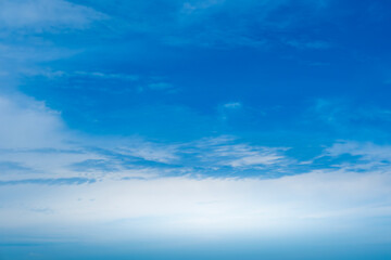 Fototapeta premium Panorama of cloud clear sky background for summer vacation concept at ocean and summer sea water with sunlight of beautiful cloudy 