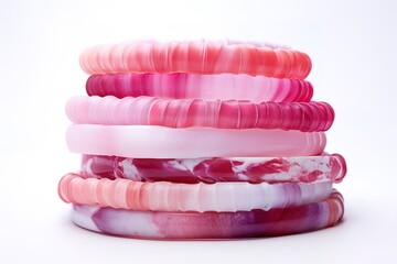 Stacked collection of stylish and colorful pink bracelets against a white background