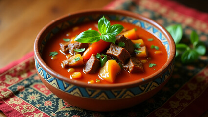 Khmer red curry with tender beef strips 