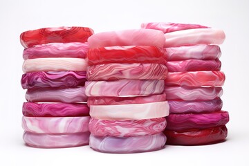 Stacks of elegant pink and red resin bangles displayed on a clean white background