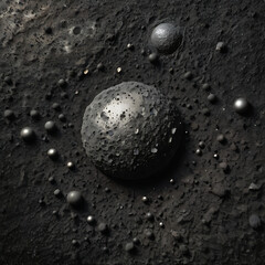 Monochrome composition simulating the magnetic imprint of lost celestial bodies, layered in metallic graphite and cosmic dust textures.