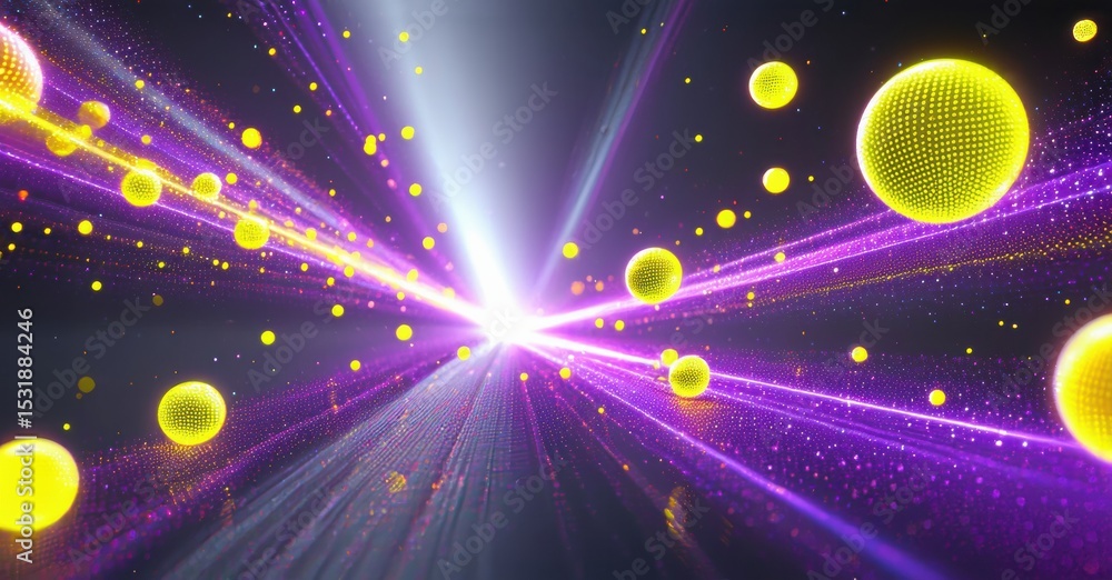 Aufkleber Bright abstract background. Purple rays emanate from central point, golden spheres float within space. Glittering particles add depth.