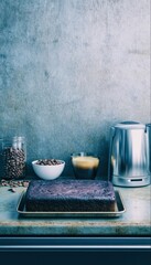Dark chocolate cake and coffee on a countertop