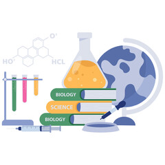 Laboratory Education. Vector illustration of Science experiment setup featuring flasks, burner, test tubes, and connected glassware for chemistry study. Isolated on background