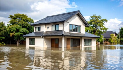 災害。洪水で水没した家。（Disaster. Houses submerged in flood waters.）
