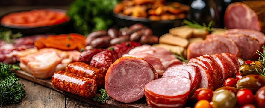 Assorted cured meats and sausages on a wooden board (3) - Powered by Adobe