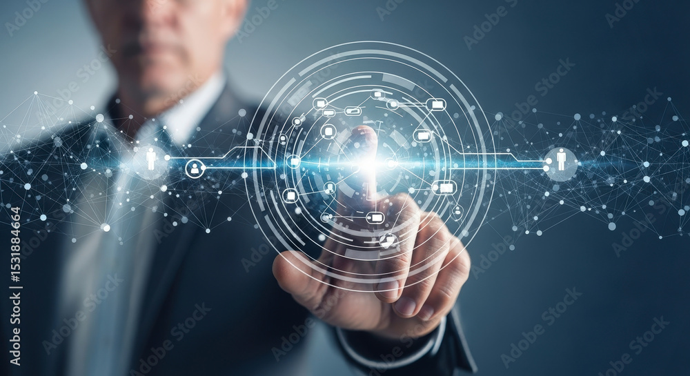 Poster businessman in suit touching futuristic digital interface with glowing circle and data connection ov