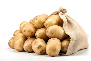 Fresh potatoes pouring from a burlap sack on a clean white background