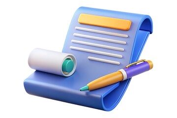 3d render of a blue notepad with pen and paper roll