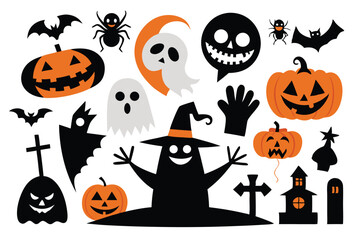 Halloween Vector Illustration with Pumpkins Bats Spiders Ghosts and a Witch