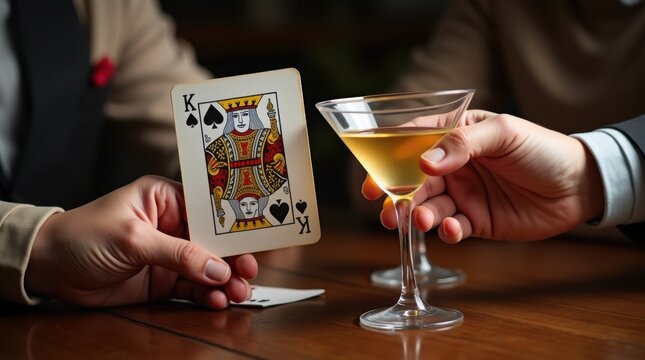 Card game action between friends cozy bar photo intimate setting close-up enjoyment and strategy