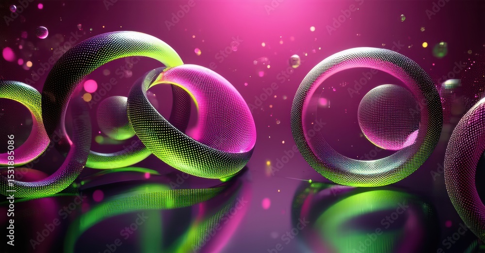 Poster abstract rings, vibrant pinks, greens create dynamic composition. reflections suggest polished surfa