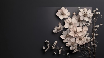 11.A sophisticated wedding invitation template with a hand-crafted bouquet of cosmos flowers in gradient tones of pink and cream, placed centrally on a luxurious dark grey base.