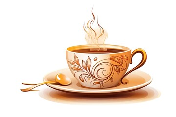 Beautifully decorated coffee cup on saucer with steam and golden spoon on white background