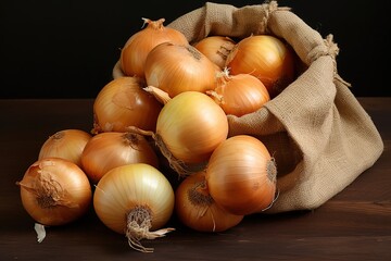 Fresh yellow onions piled in a burlap sack on a dark rustic wooden surface