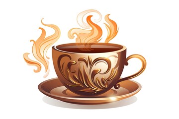 Beautiful golden coffee cup with ornament and steam symbolizing hot drink beverages