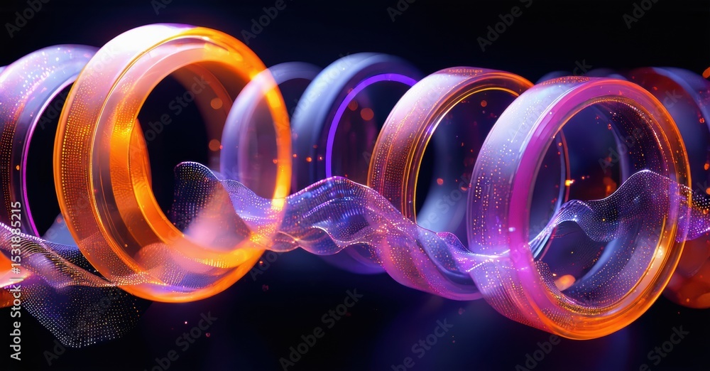 Poster bright rings intertwine, creating dynamic visual flow. vivid colors, digital art, futuristic design,