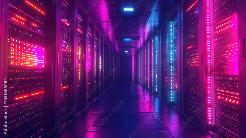 Poster advanced data center hallway filled with servers and blinking lights in modern infrastructure