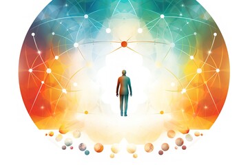 Conceptual illustration of a person at the center of a global network connection