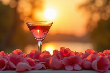 Sunset cocktail by the water refreshing drink surrounded by rose petals in a serene outdoor setting