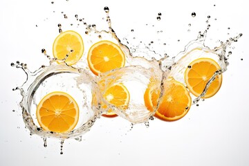 Refreshing orange slices creating a splash of water on a clean white background