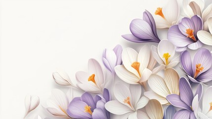 Fototapeta premium 17.A clean and modern template with crocus flowers arranged in a cascading design, their petals in gradient colors of lavender, gold, and cream, displayed against a crisp white background.