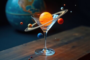 Cosmic cocktail creation with planets home bar digital art dark environment close-up view creative concept
