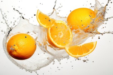 Fresh oranges and orange slices in splashing water on a clean white background