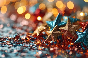 Glittering christmas stars with bokeh effect and festive holiday decorations in warm lighting