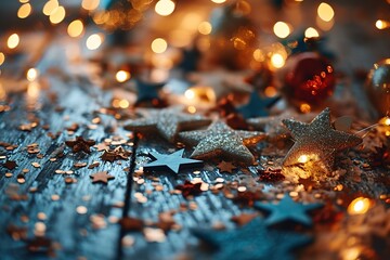 Festive christmas decorations with sparkling stars and glowing bokeh lights on wooden surface