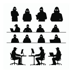 Computer hacker silhouette set diverse poses working online