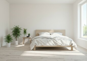 Fototapeta premium Minimalist Bedroom with Plants and Natural Light