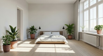 Fototapeta premium Minimalist Bedroom with Plants and Natural Light