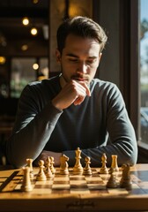 Man Playing Chess in Natural Light

