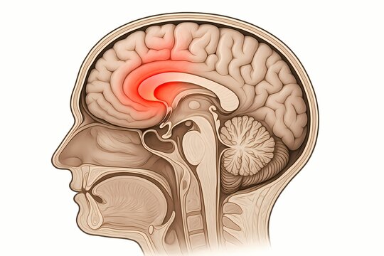 High-quality medical illustration showing activation of the anterior cingulate cortex in the human brain. Useful for neuroscience, psychology, and medical education.