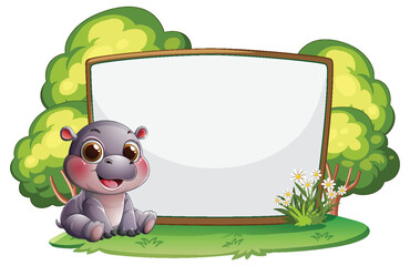 Cute Hippo with Blank Signboard