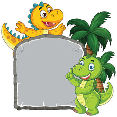 Playful Dinosaurs with Tropical Background Illustration