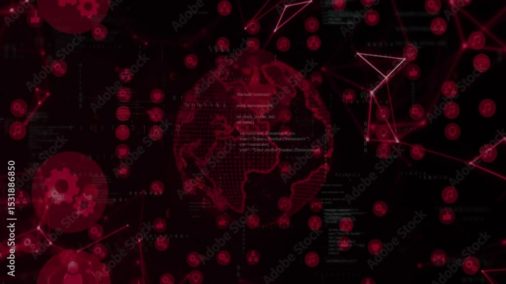 Poster Drifting data points and code driving rotating wireframe globe pulsing icons showing global network