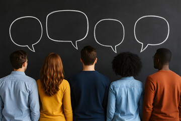 Obraz premium Diverse Group Brainstorming: A diverse group of people stand facing a chalkboard with empty speech bubbles drawn on it, representing a brainstorming session or communication concept. 