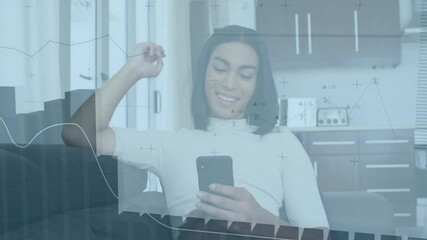 Woman picking phone, scrolling screen and summoning animated charts for business analytics