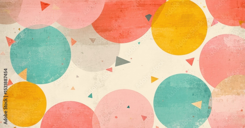 Poster Abstract background features overlapping circles, triangles. Soft pastel colors create playful, textured composition. Simple shapes dominate design.