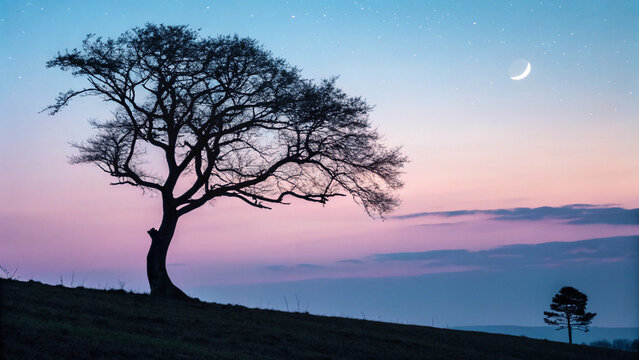 Serene Silhouette Lone Tree at Dusk Under a Pastel Sky