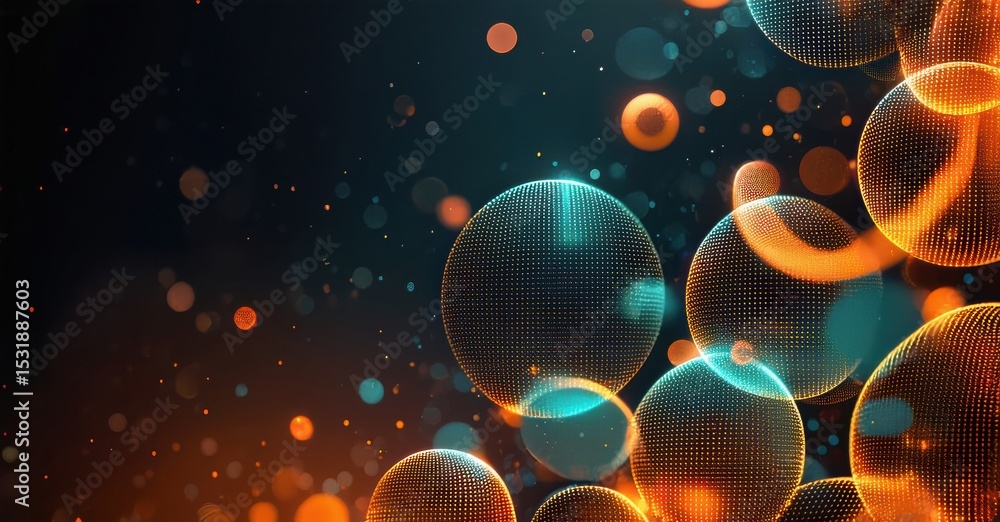 Poster abstract spheres, vibrant colors, dark background. glowing particles create dynamic, futuristic comp
