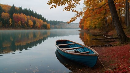 Fototapeta premium Autumn Serenity: A Tranquil Boat on a Reflective Lake
