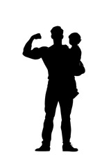 Strong father holding child in silhouette, Silhouette of a muscular father holding a child and flexing arm, symbolizing strength, protection, and parental love.

