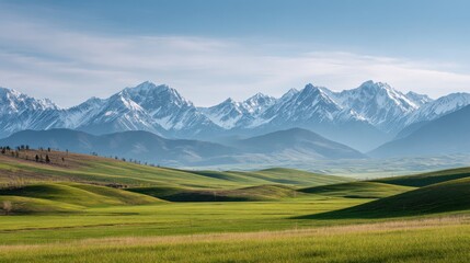 Spring Alpine Splendor: Green Meadows, Snowy Peaks and Azure Sky in High - Res, Natural - Light Panorama
