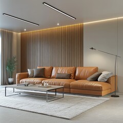 Modern living room with tan leather sectional