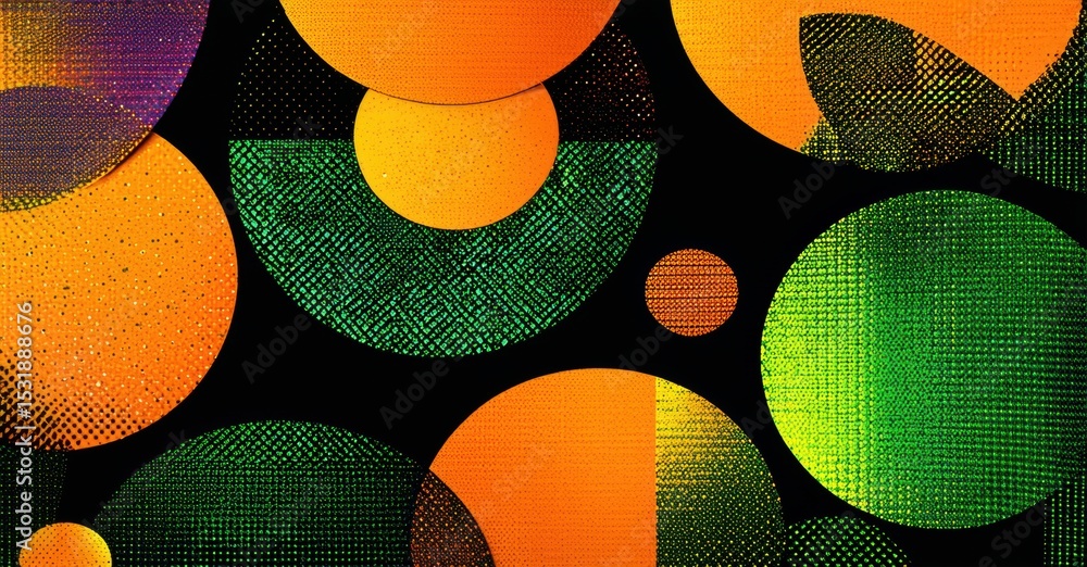 Poster abstract circles overlap, creating vibrant patterns. orange, green, purple hues dominate dark backgr