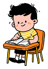 Happy Boy Reading Book in Classroom Setting with Bright Colors