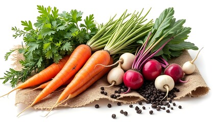  Flatlay of farm-fresh root vegetables including carrots, beets, and radishes with soil and garden herbs on burlap fabric.